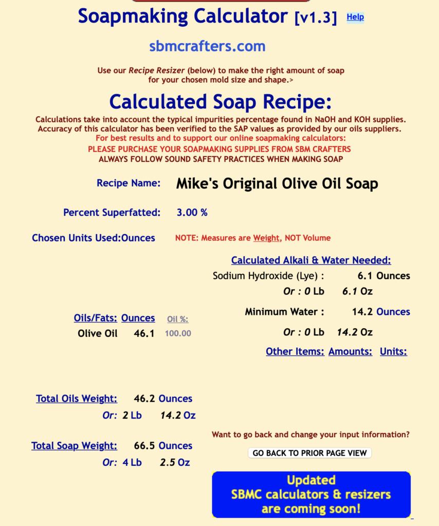 Screenshot of recipe calculations.